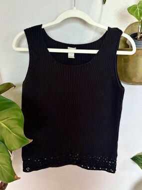 J Jill Black Ribbed Tank with Crochet Hem